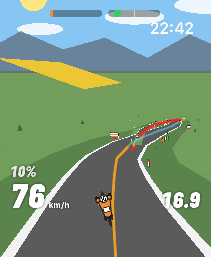 A hairpin on the Tourmalet from overhead, the rider leaning in, the guide line turning orange into the bend.