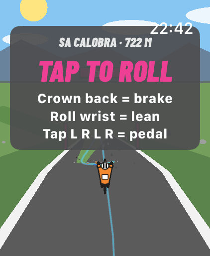 The start card at the top of Sa Calobra, 722 metres: crown back to brake, roll wrist to lean, tap to pedal.
