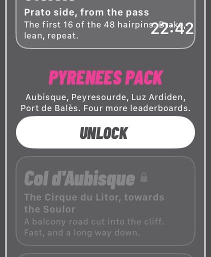 The Cols screen showing the Pyrenees pack: Aubisque, Peyresourde, Luz Ardiden, Port de Balès, with an Unlock button.