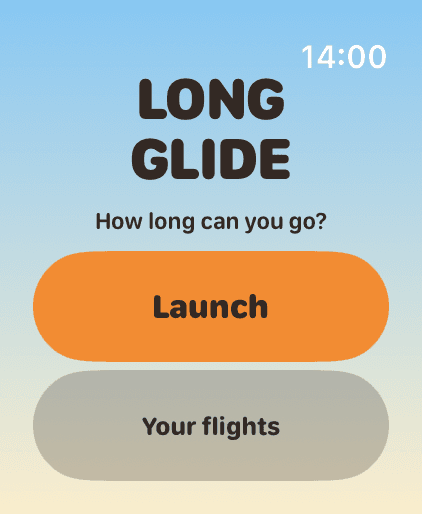 Long Glide title screen: a pale blue sky fading to cream, the words Long Glide, and an orange Launch button.