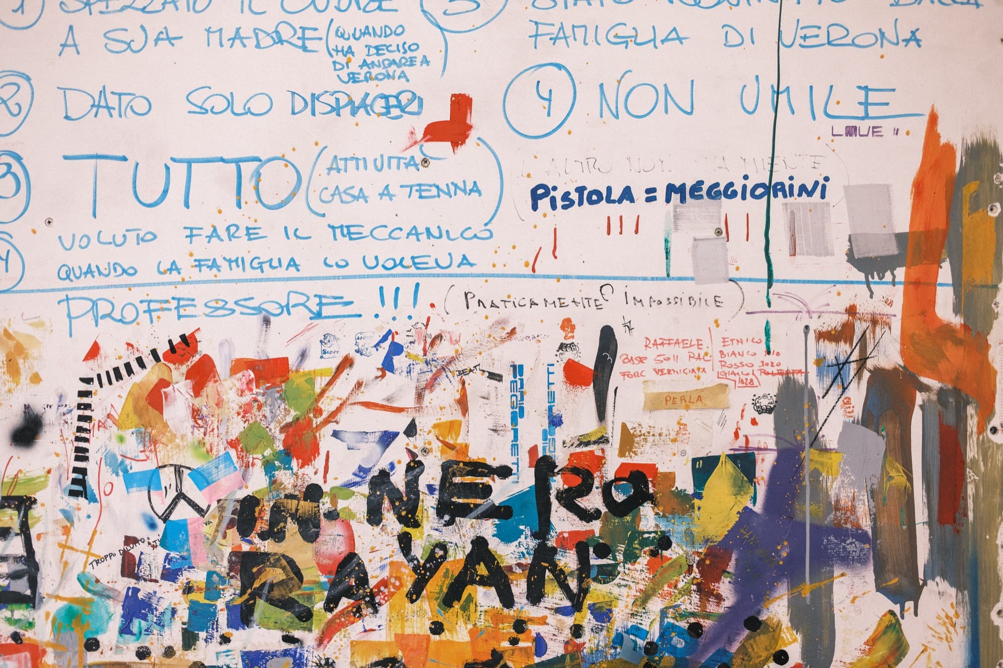 A workshop wall at Pegoretti — handwritten Italian notes in marker and pen, layered over bright paint splatters and brushstrokes
