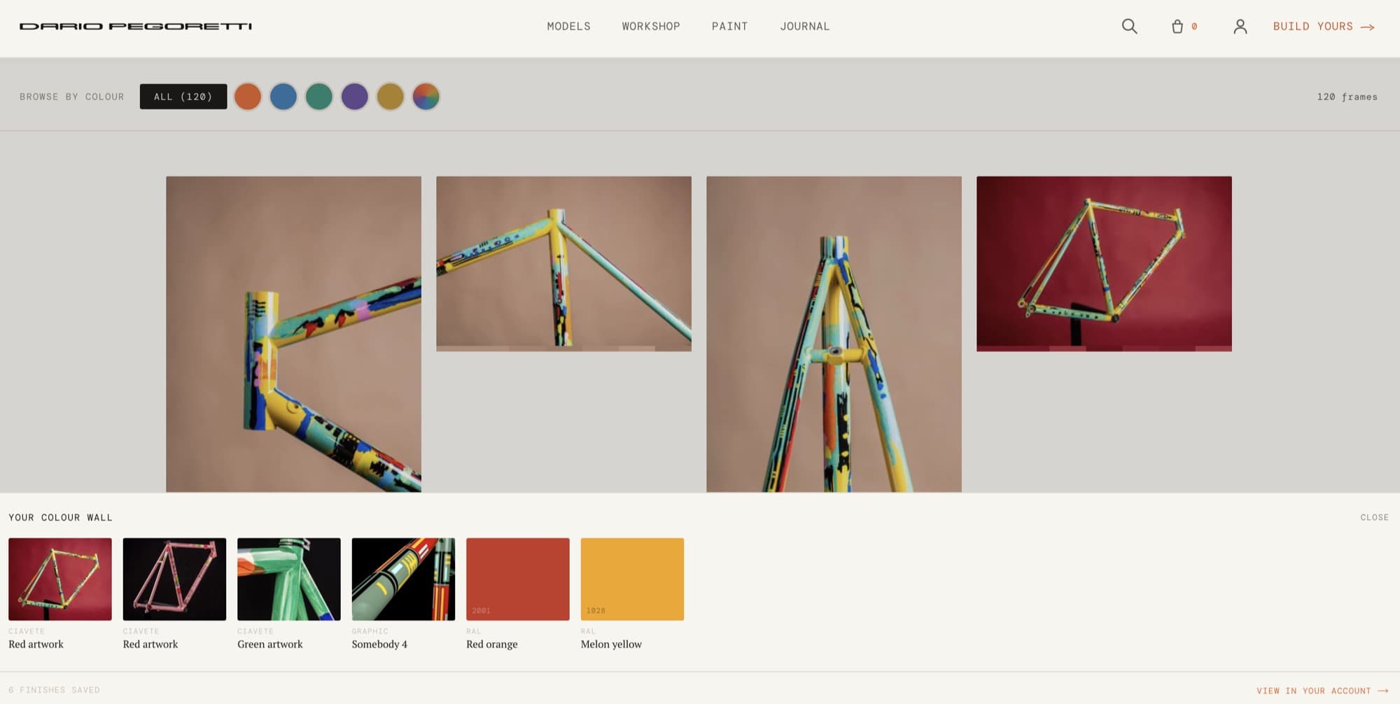 Pegoretti Color Wall — desktop view, with painted frame thumbnails and the saved-finishes drawer anchored at the bottom