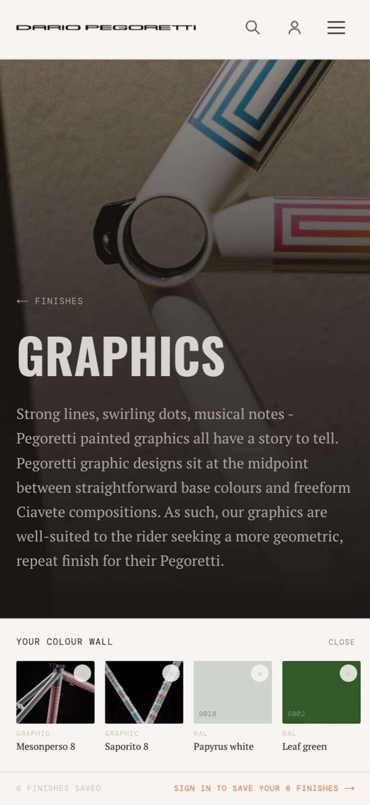 Pegoretti Color Wall — mobile view, with the saved-finishes drawer pinned to the bottom of the screen