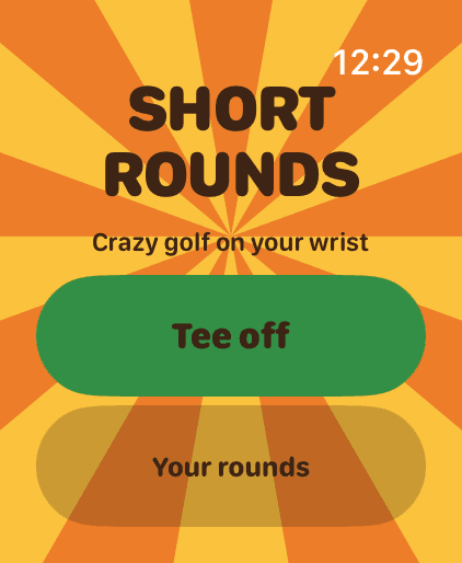 Short Rounds title screen: a burst of orange and yellow rays, the words Short Rounds, and a green Tee off button.