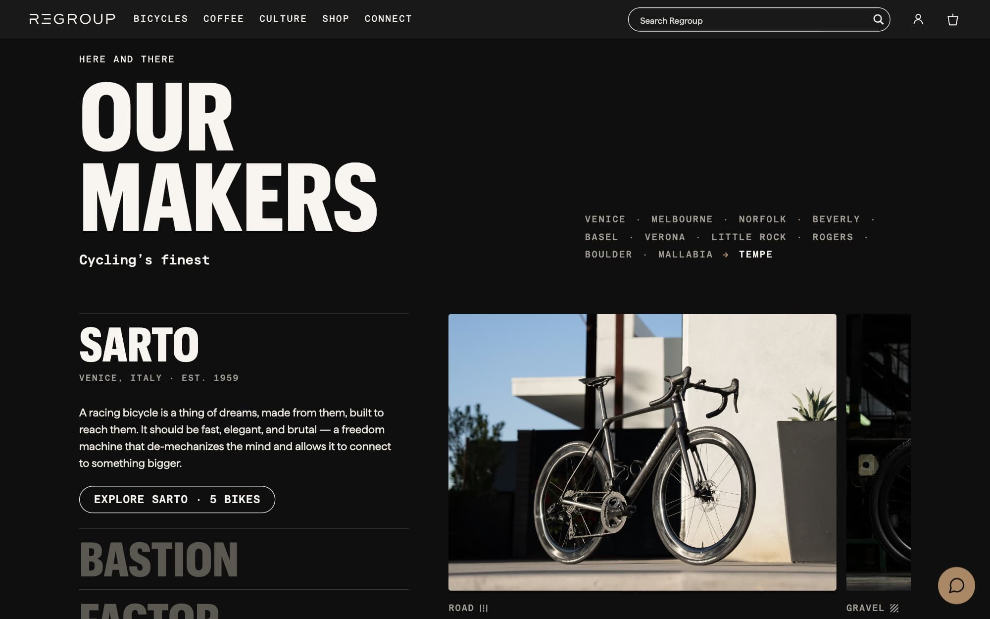 The Bike Shop page's Our Makers index, open at Sarto with the other builders listed below