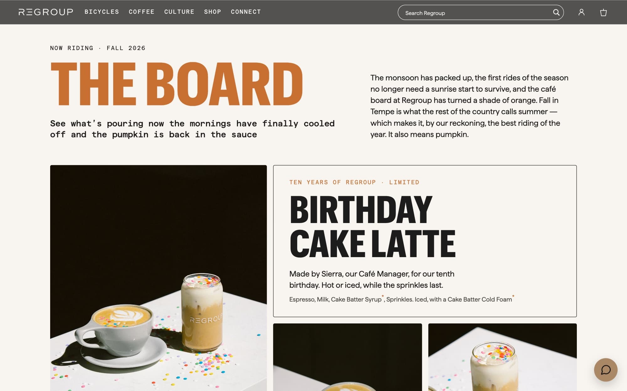 The café page's Board for fall 2026, featuring the Birthday Cake Latte