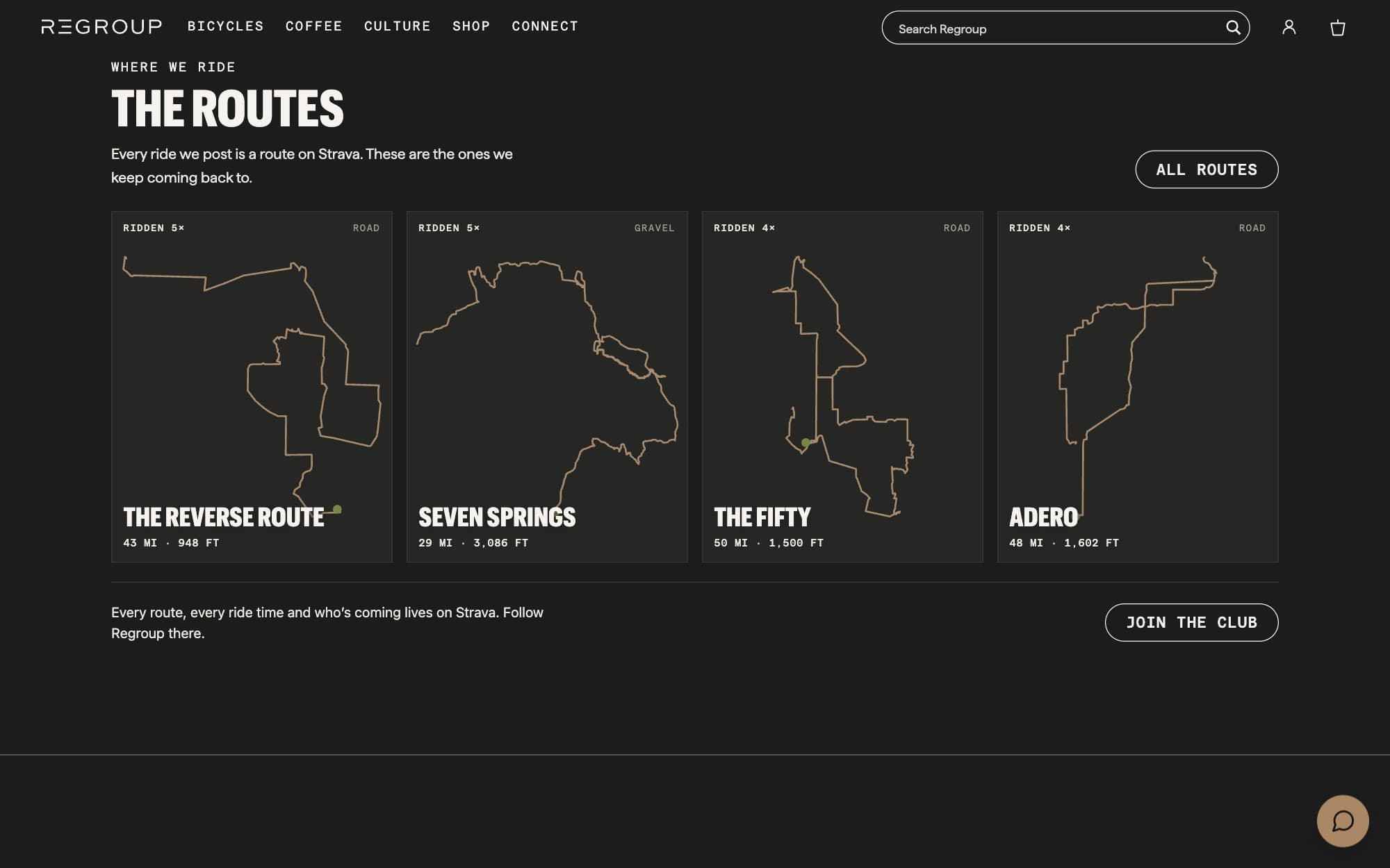 The Routes on the Regroup homepage: four route maps drawn as single lines, each with its name, distance, climbing and how many times the shop has ridden it