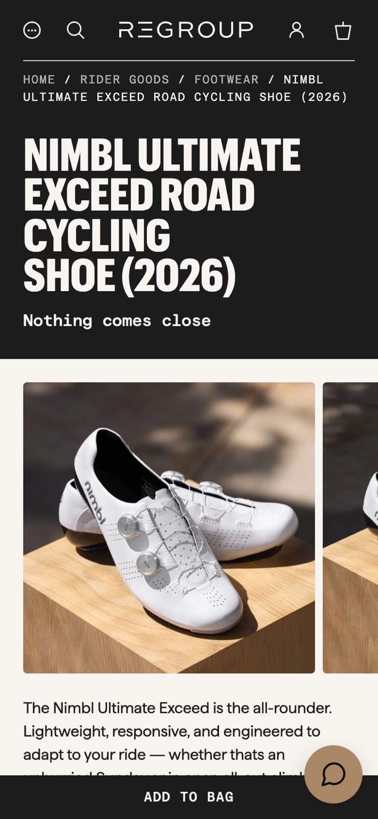 A Nimbl road shoe's product page on a phone