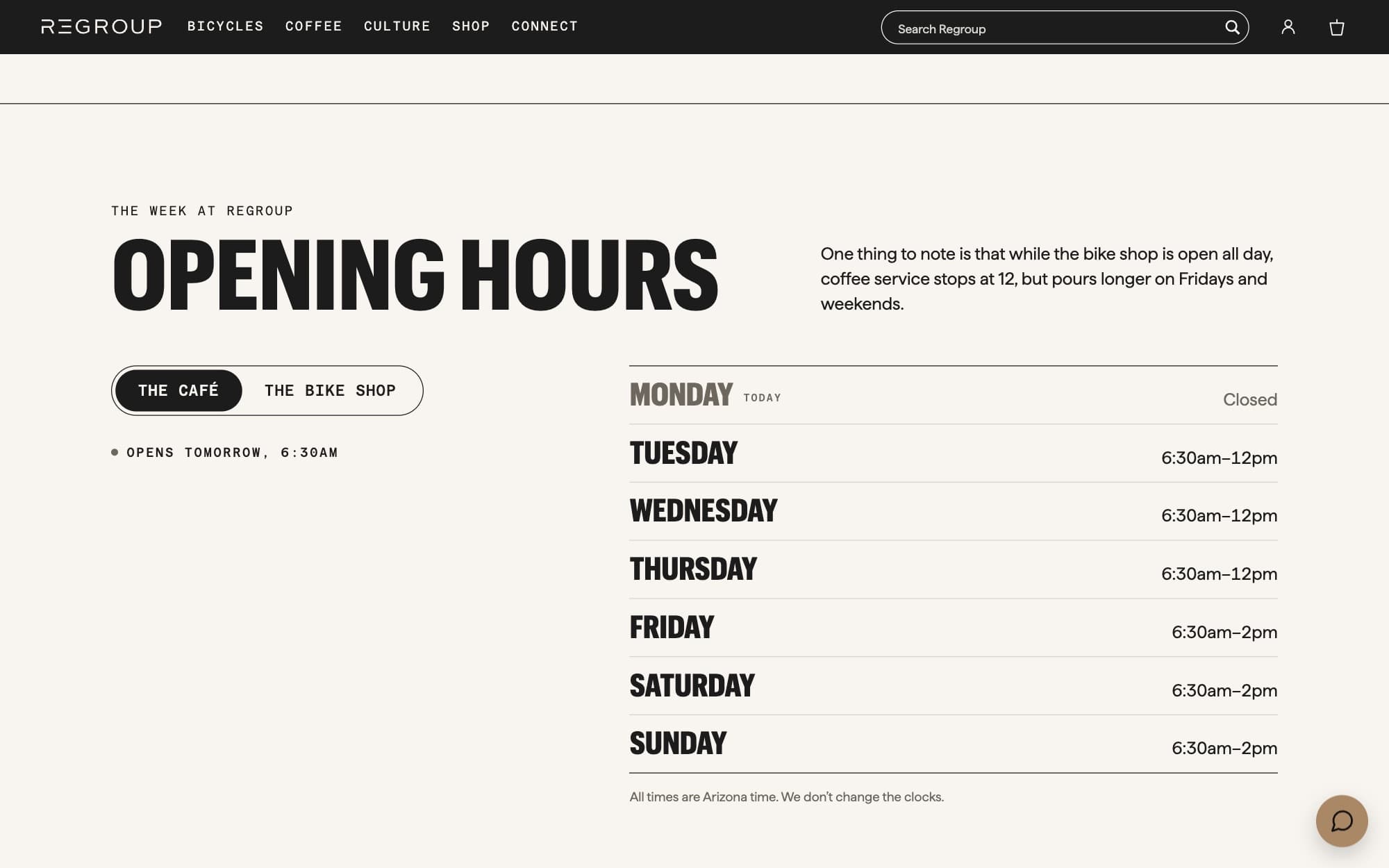 The Visit page's opening hours, showing the café's week with a switch to the bike shop's