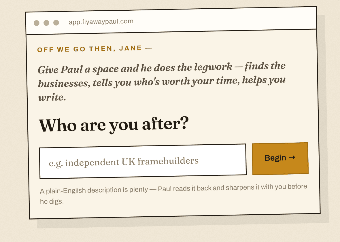 A Fly Away Paul app card reading 'Off we go then, Jane — give Paul a space and he does the legwork', above the question 'Who are you after?' and a plain-English search field
