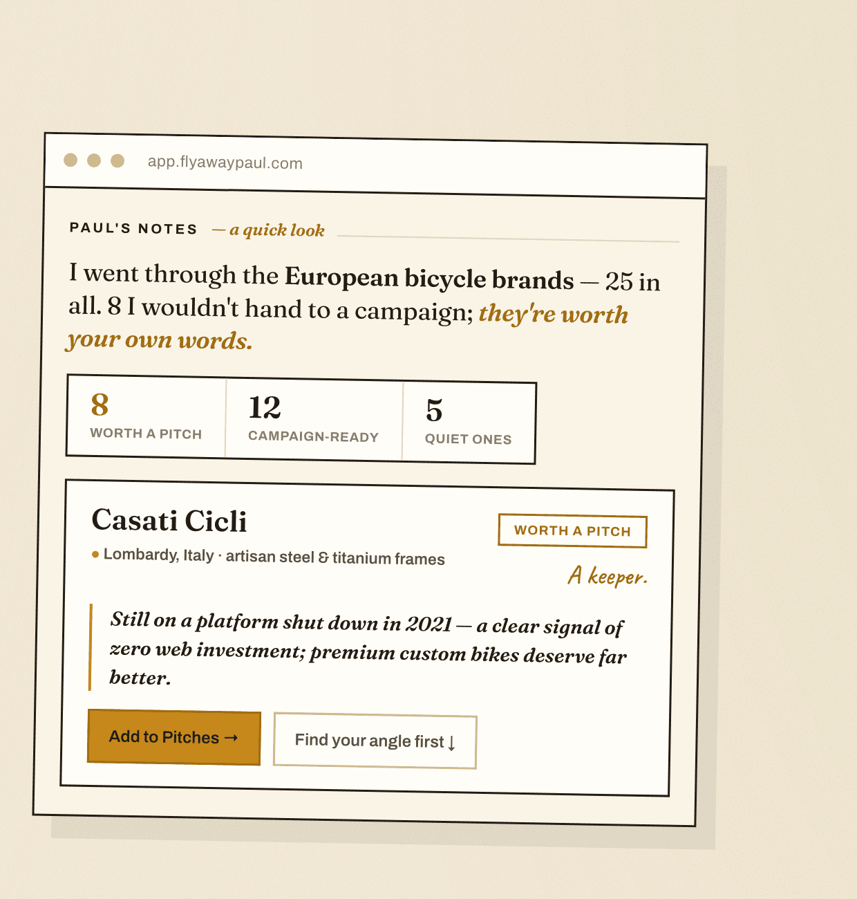 A Paul's Notes card from the Fly Away Paul app — a sweep of 25 European bicycle brands, 8 worth a pitch, 12 campaign-ready, 5 quiet ones, with a Casati Cicli pitch card marked 'worth a pitch — a keeper'