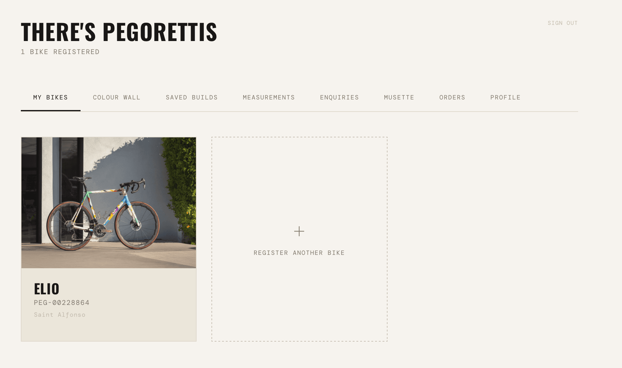 The Pegoretti account area, My Bikes tab — a registered bicycle named Elio with its serial number and Saint Alfonso model, beside a dashed 'register another bike' slot